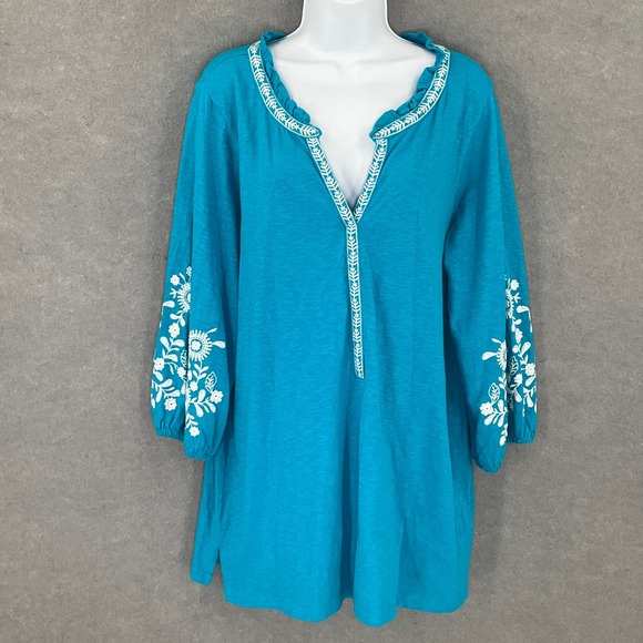 Talbots Plus 1X Blue Embroidered Floral Long Sleeve Tunic Top Boho - Picture 1 of 13